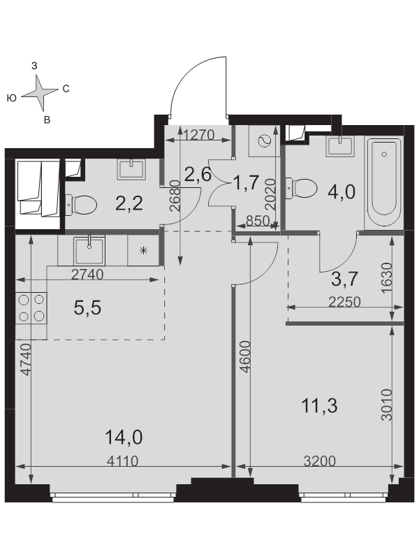 2 ккв (Евро) 45 м²