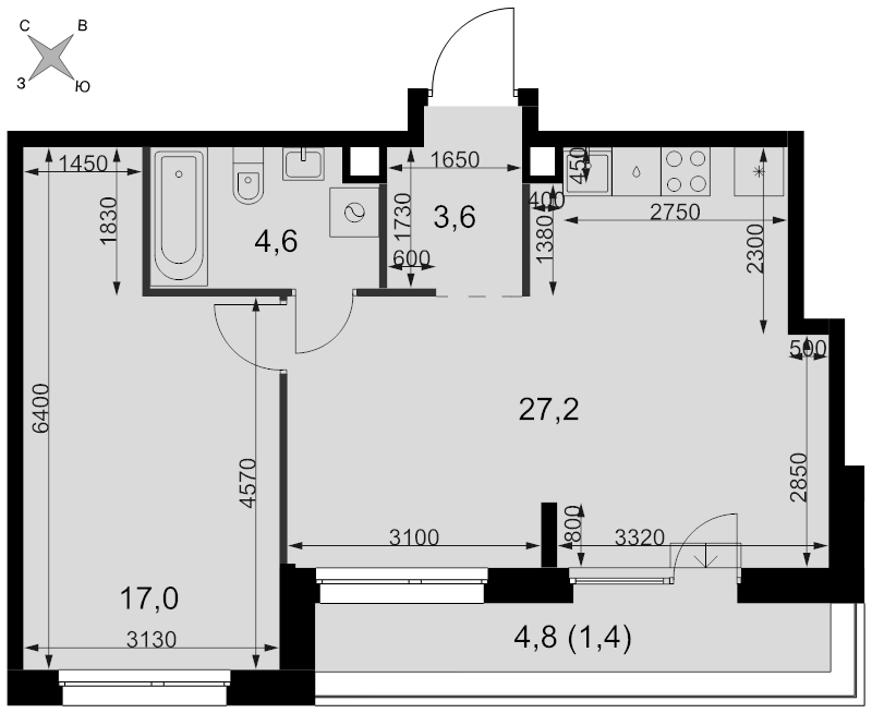 2 ккв (Евро) 53,8 м²