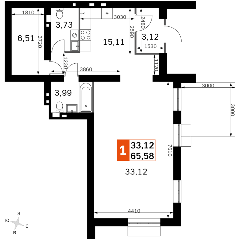 2 ккв (Евро) 65,6 м²