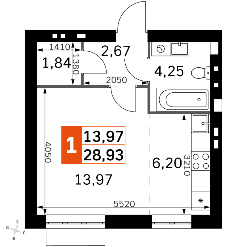 Студия 28,9 м²