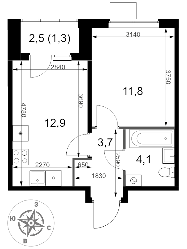 1 ккв 33,8 м²