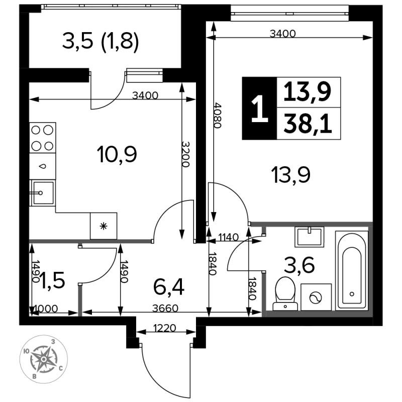 1 ккв 38,2 м²