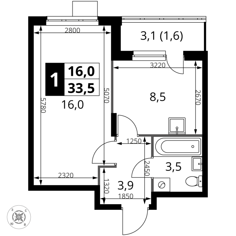 1 ккв 33,5 м²