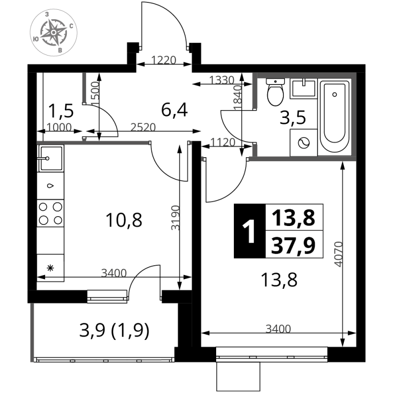 1 ккв 37,9 м²