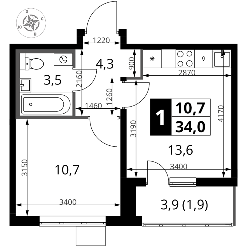 1 ккв 34 м²
