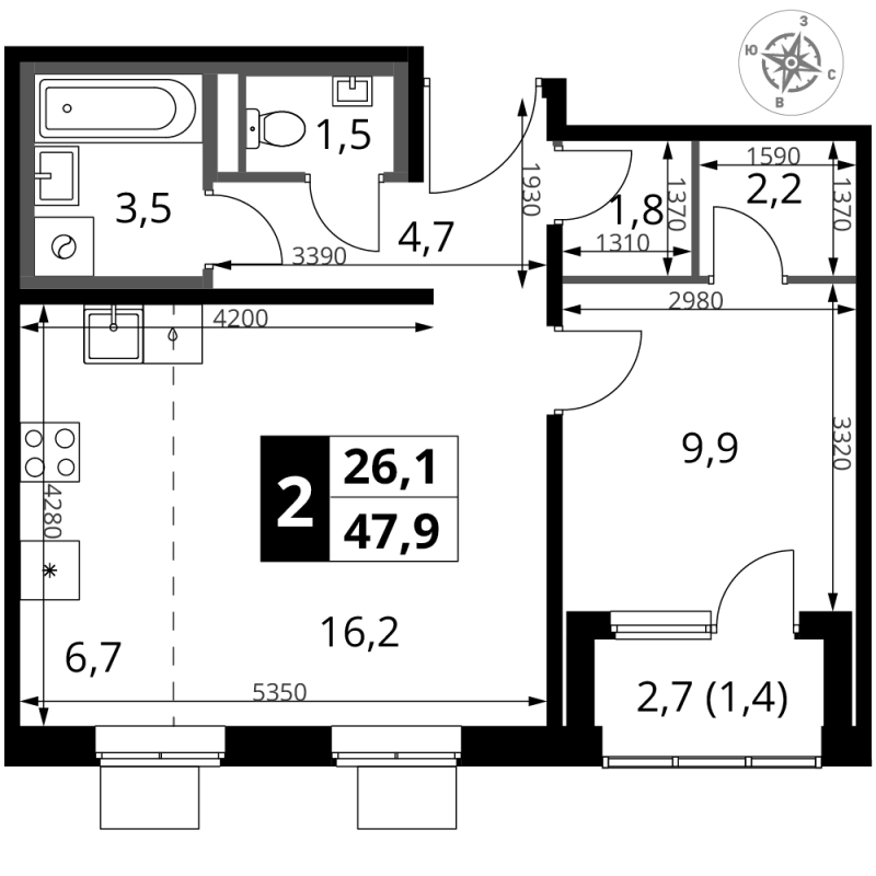 2 ккв (Евро) 47,9 м²
