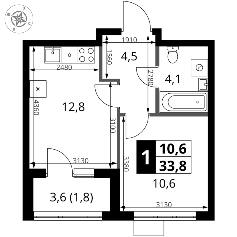1 ккв 34,4 м²