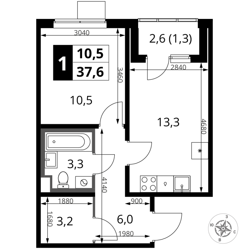 1 ккв 37,6 м²
