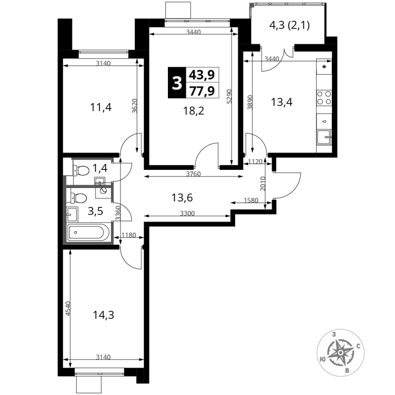 3 ккв 77,9 м²