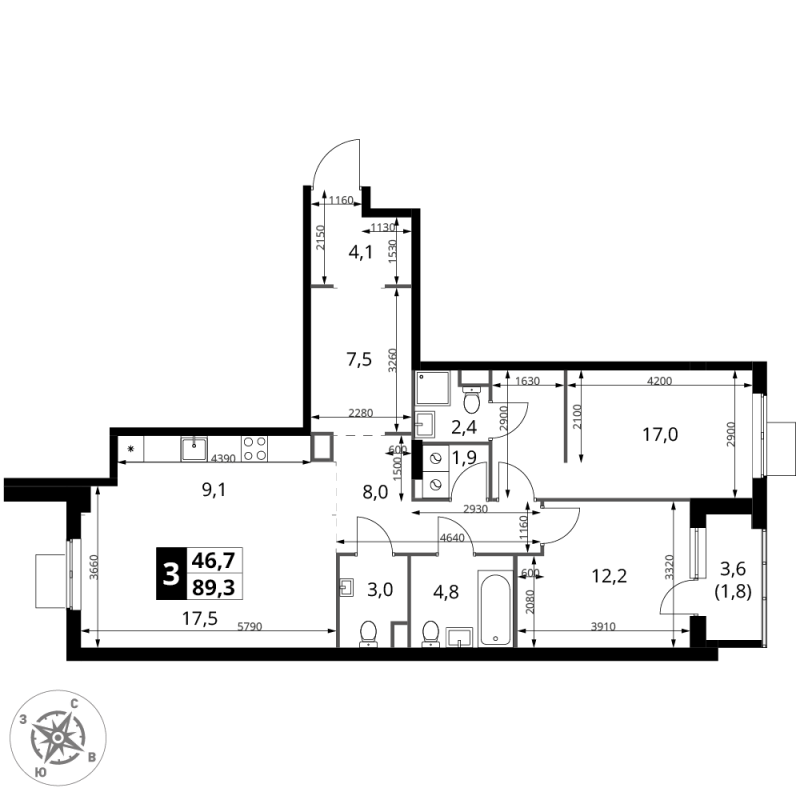 3 ккв (Евро) 89,3 м²