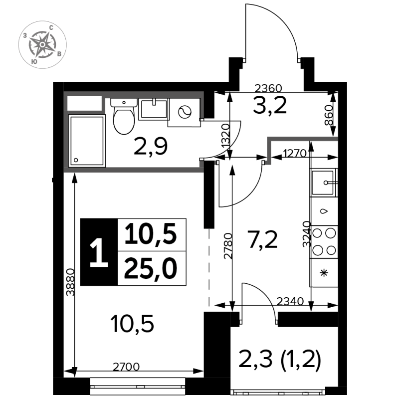 Студия 25,3 м²