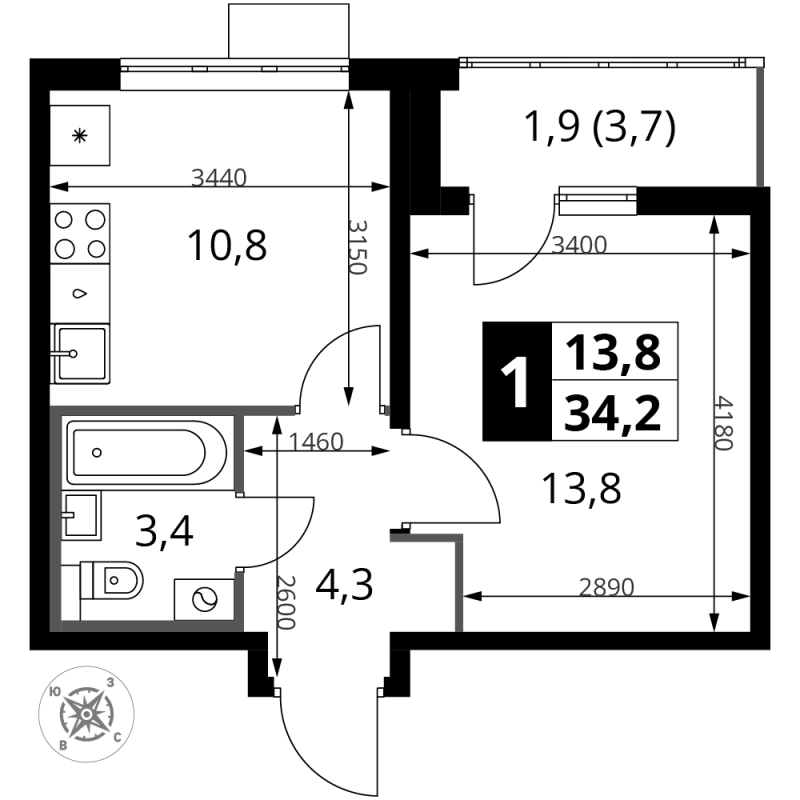 1 ккв 34,3 м²
