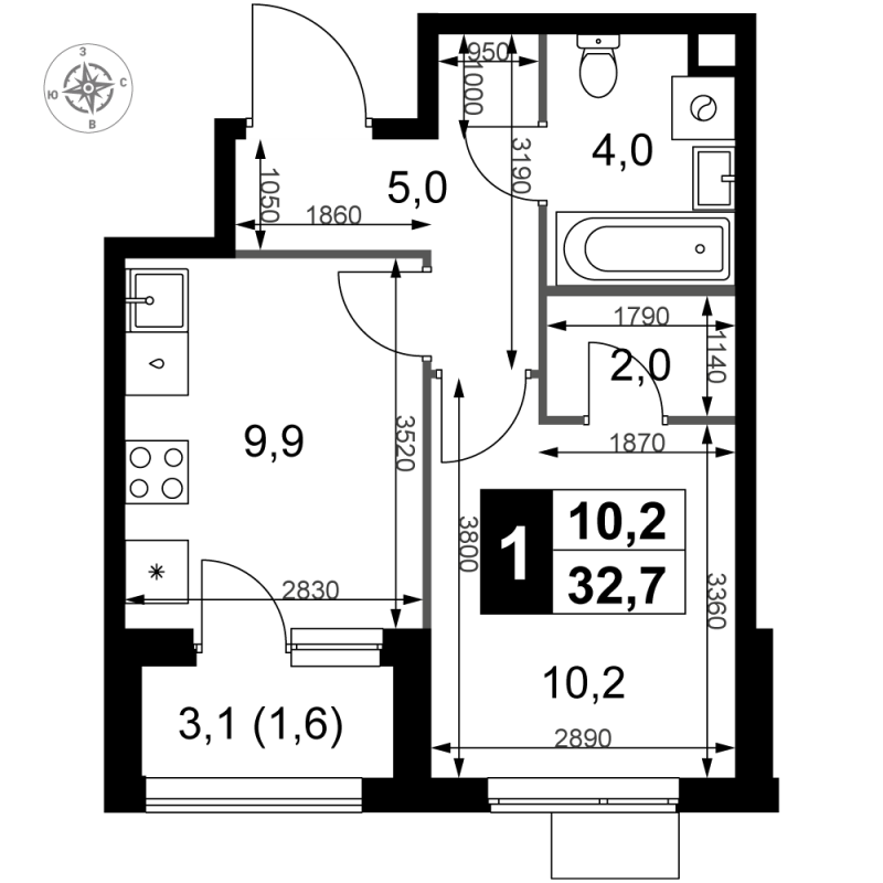 1 ккв 32,7 м²