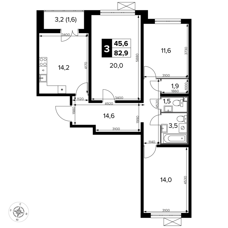 3 ккв 83,9 м²