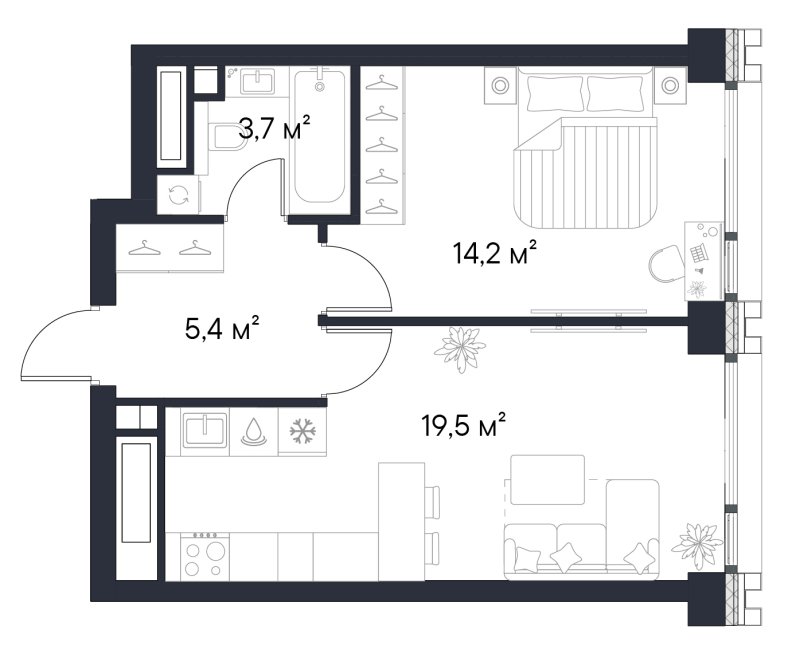 2 ккв (Евро) 42,8 м²