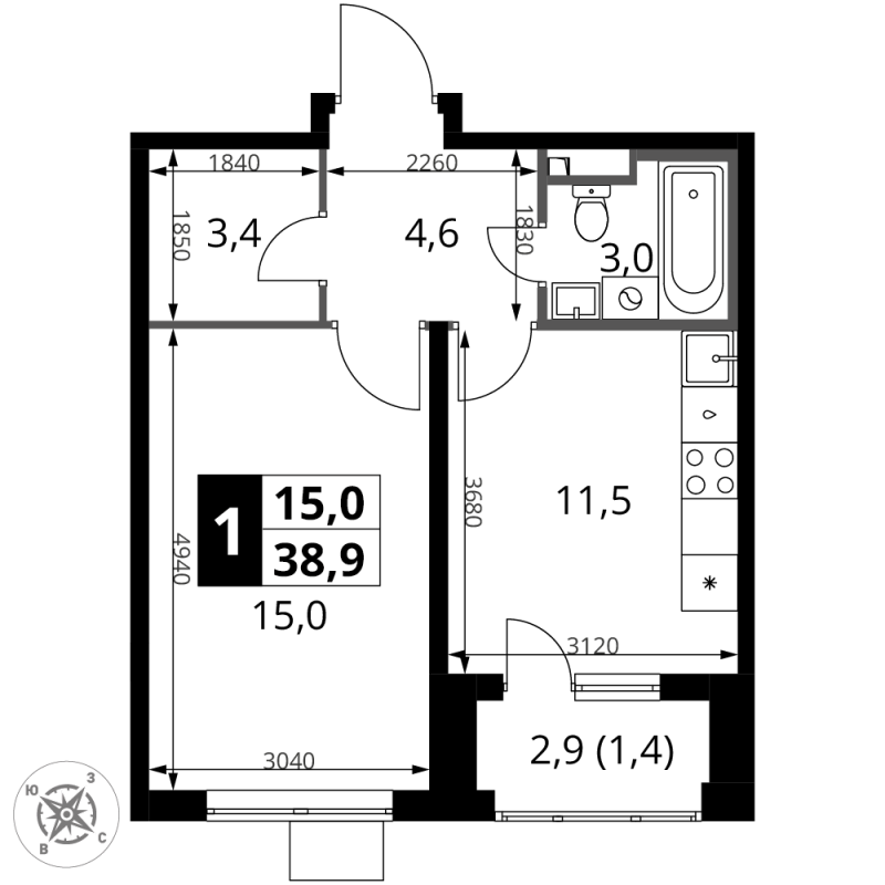 1 ккв 38,9 м²