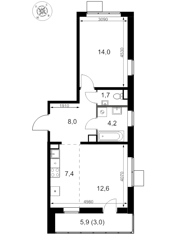 2 ккв (Евро) 50,9 м²