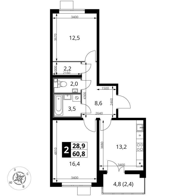 2 ккв 60,8 м²