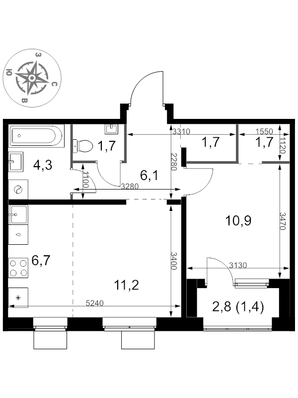 2 ккв (Евро) 45,7 м²
