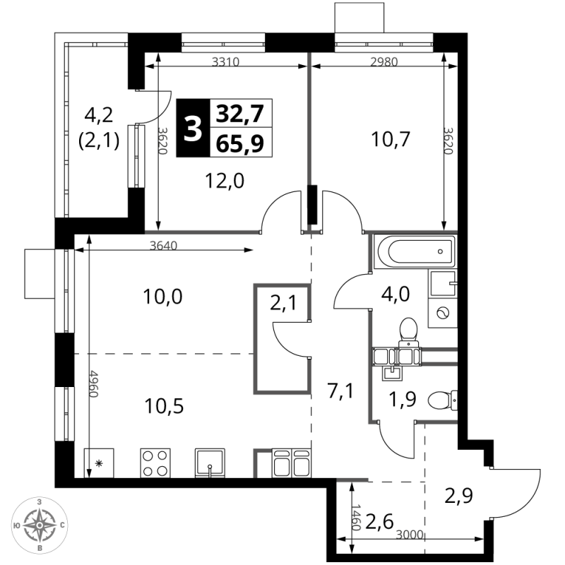 3 ккв (Евро) 65,9 м²