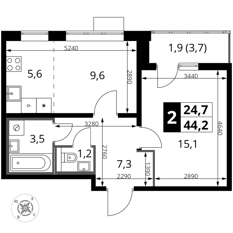 2 ккв (Евро) 44,4 м²