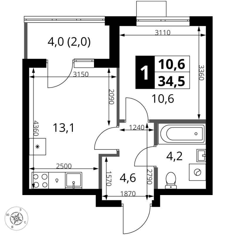 1 ккв 34,5 м²