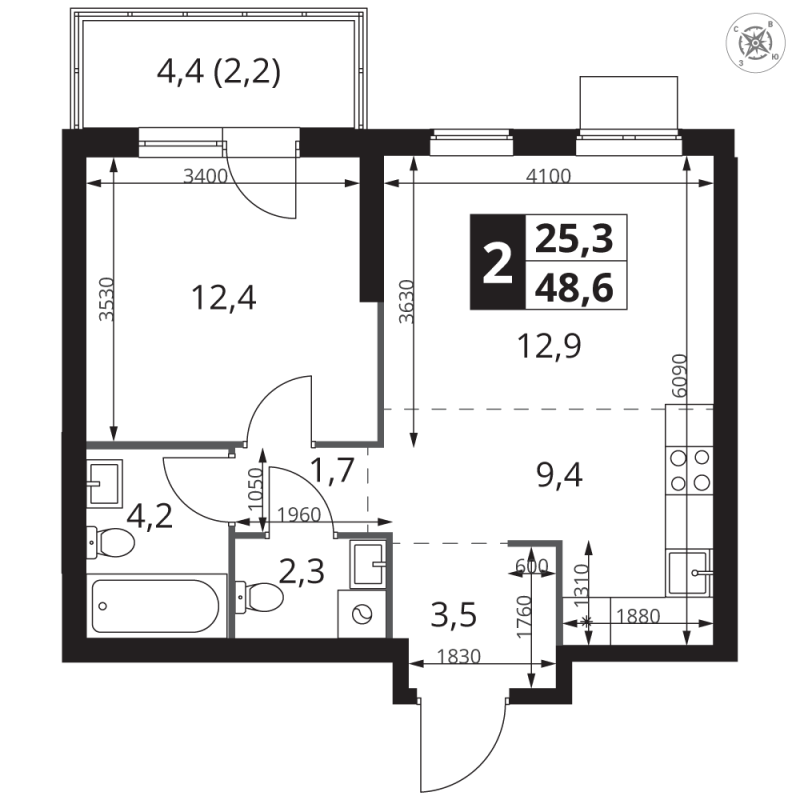 2 ккв (Евро) 48,6 м²