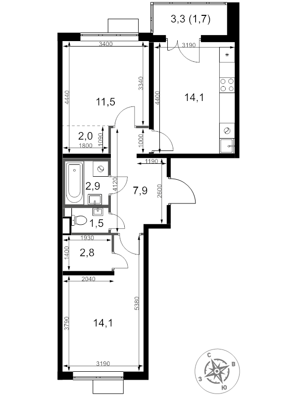 2 ккв 58,5 м²