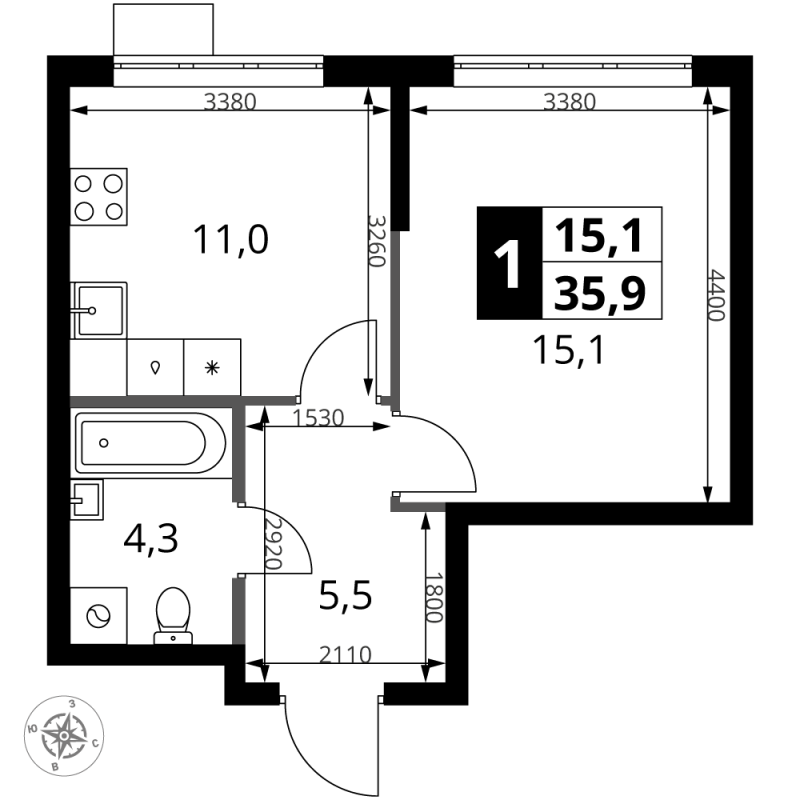 1 ккв 36,3 м²