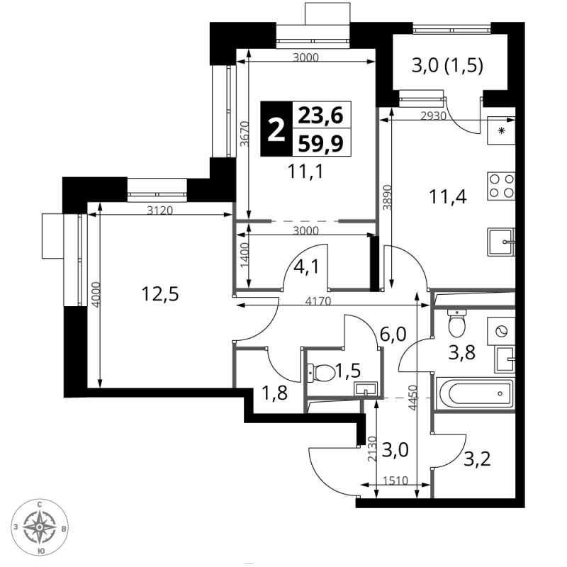 2 ккв 59,9 м²