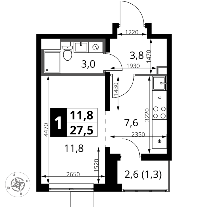 Студия 27,5 м²