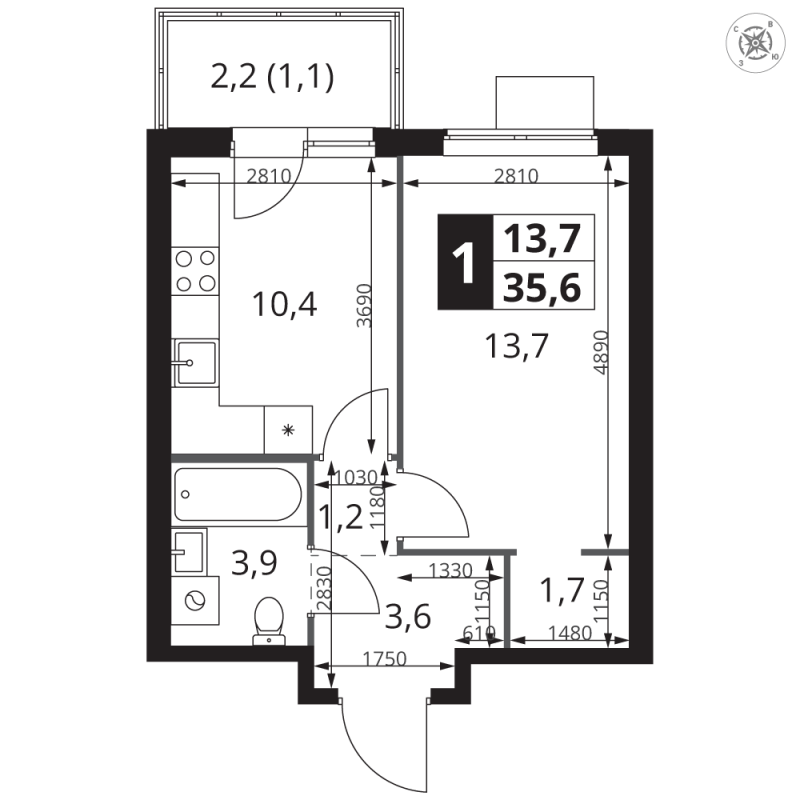 1 ккв 35,6 м²