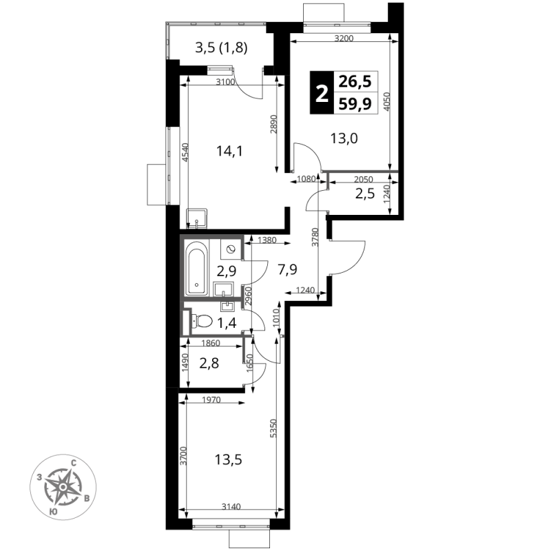 2 ккв 59,9 м²