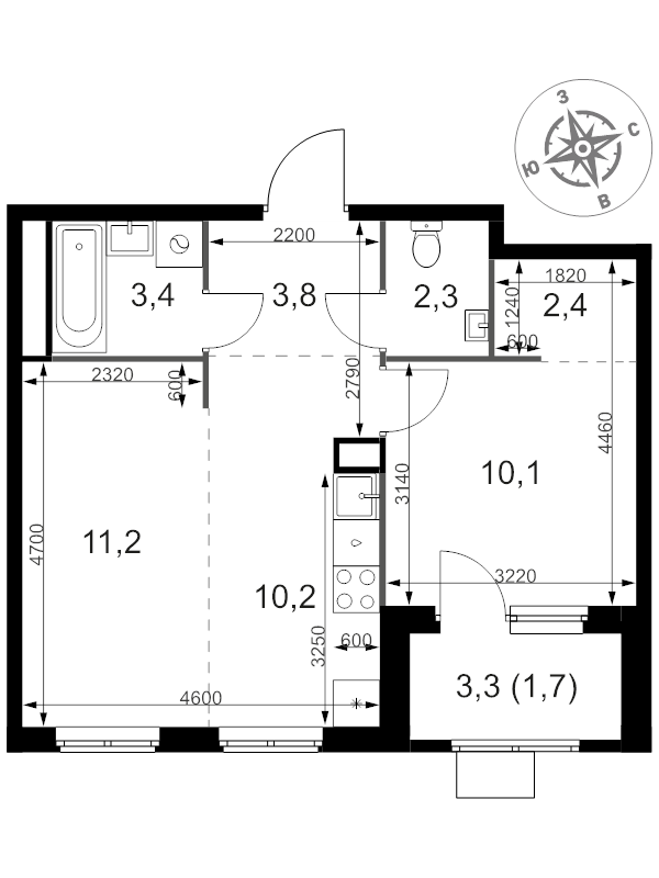 2 ккв (Евро) 45,1 м²