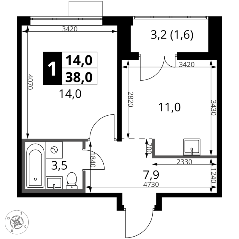 1 ккв 38 м²
