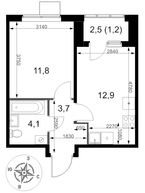 1 ккв 33,7 м²