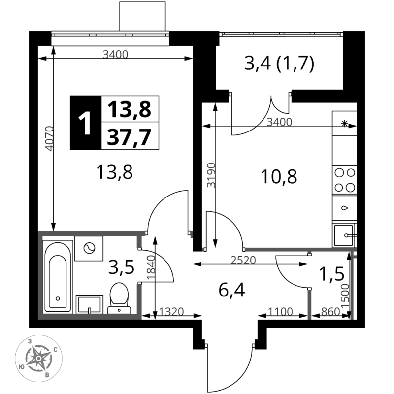 1 ккв 37,7 м²