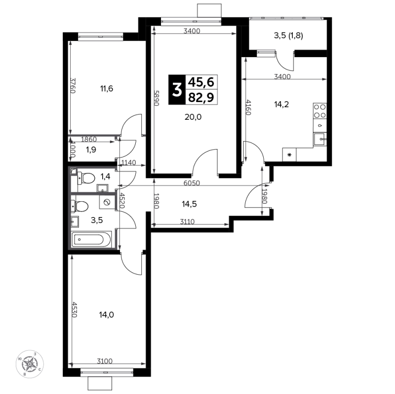 3 ккв 84 м²