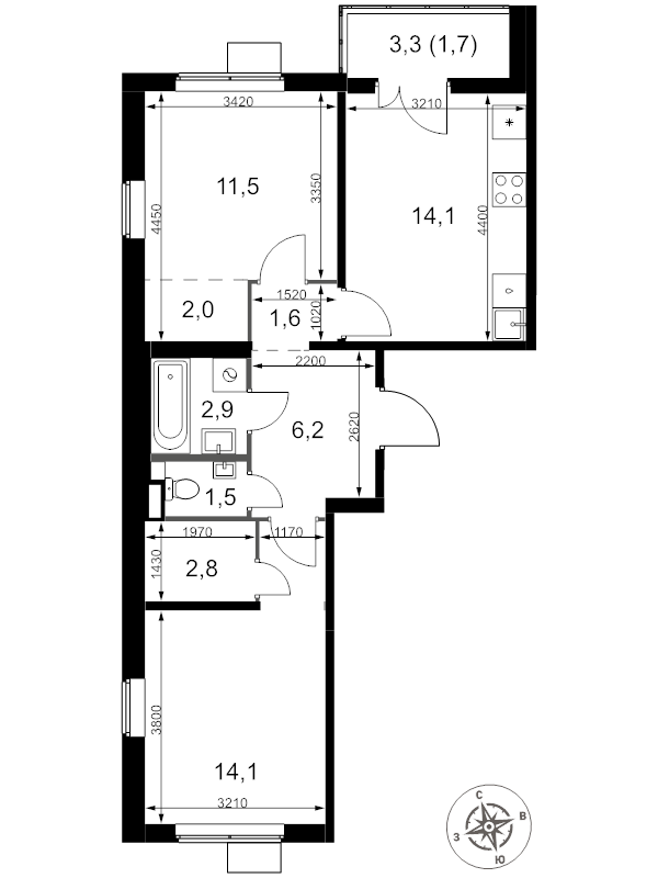 2 ккв 58,4 м²