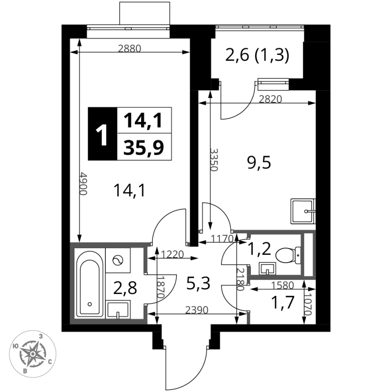 1 ккв 35,9 м²