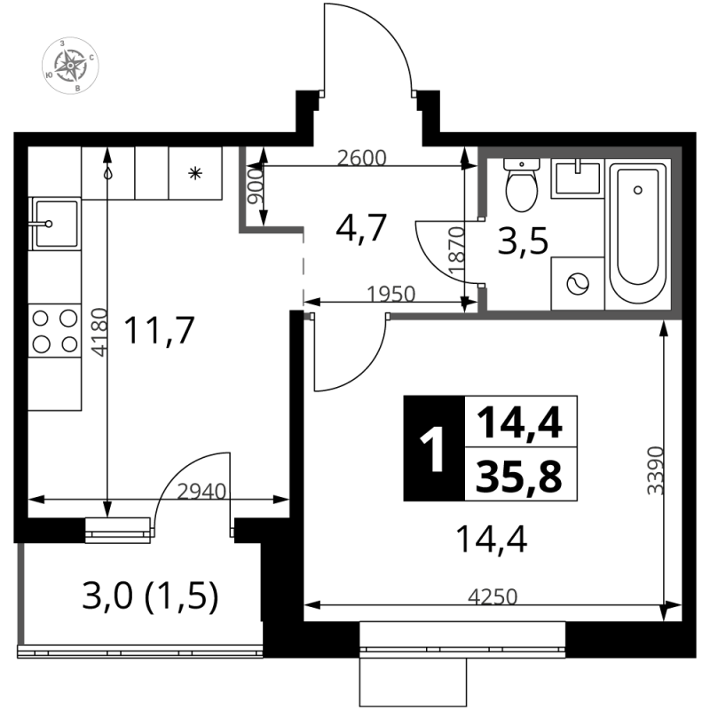 1 ккв 35,8 м²