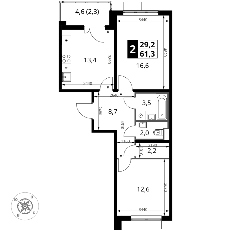 2 ккв 61,3 м²