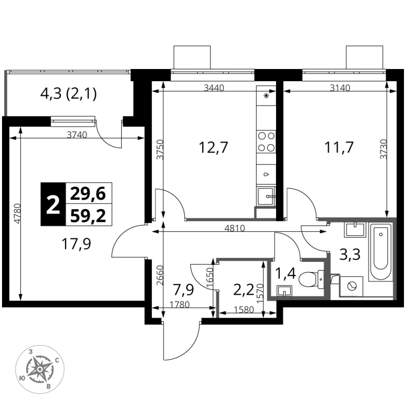 2 ккв 59,1 м²