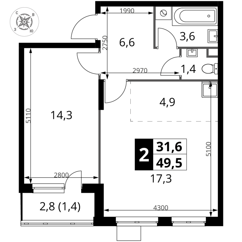 2 ккв (Евро) 49,5 м²