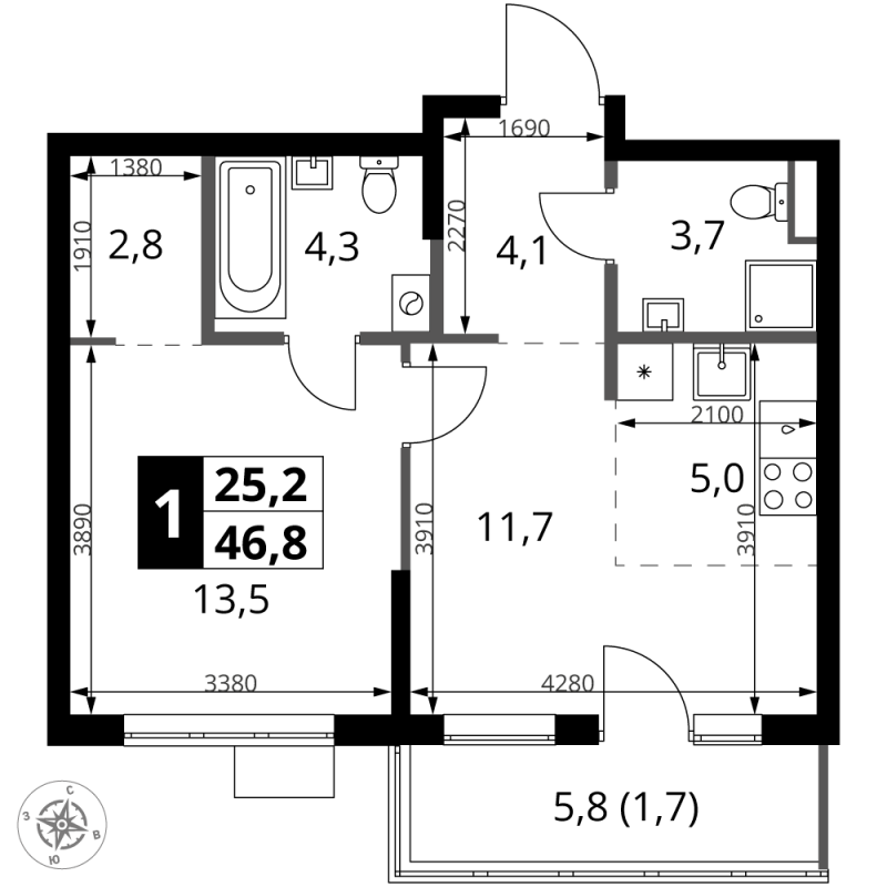 2 ккв (Евро) 46,8 м²