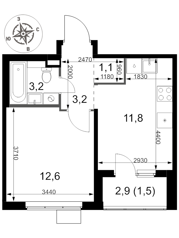 1 ккв 33,4 м²