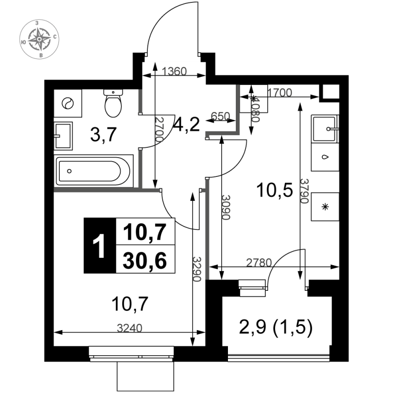 1 ккв 30,6 м²