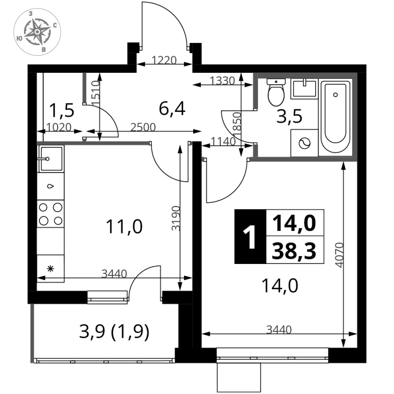 1 ккв 38,3 м²