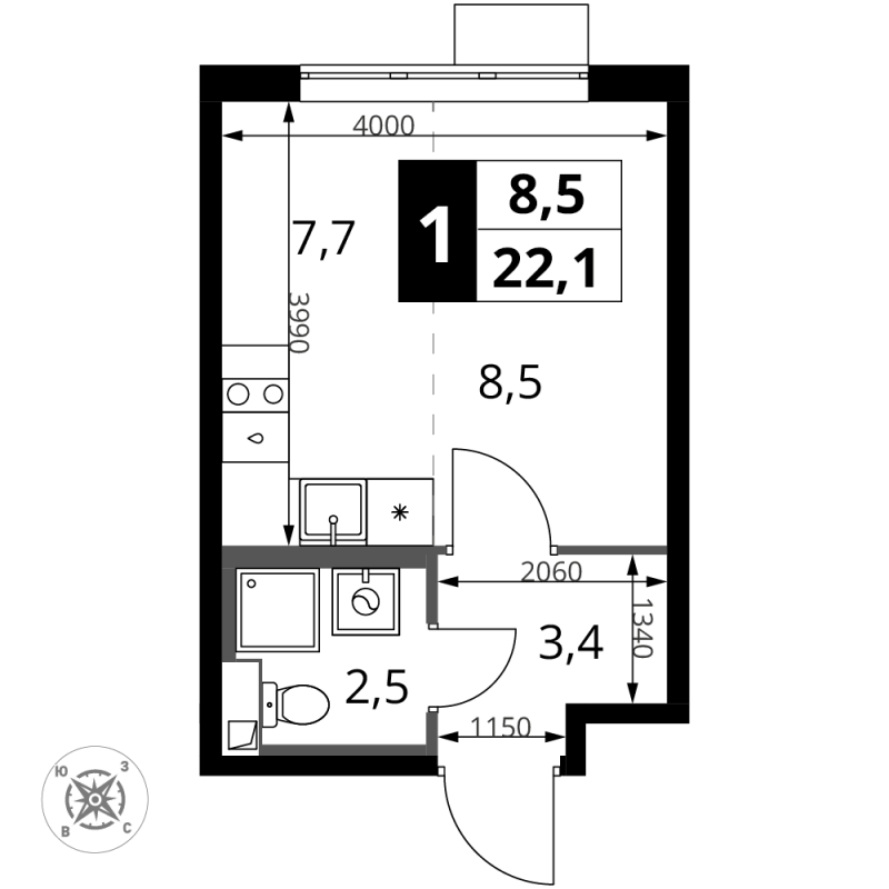 Студия 22,1 м²