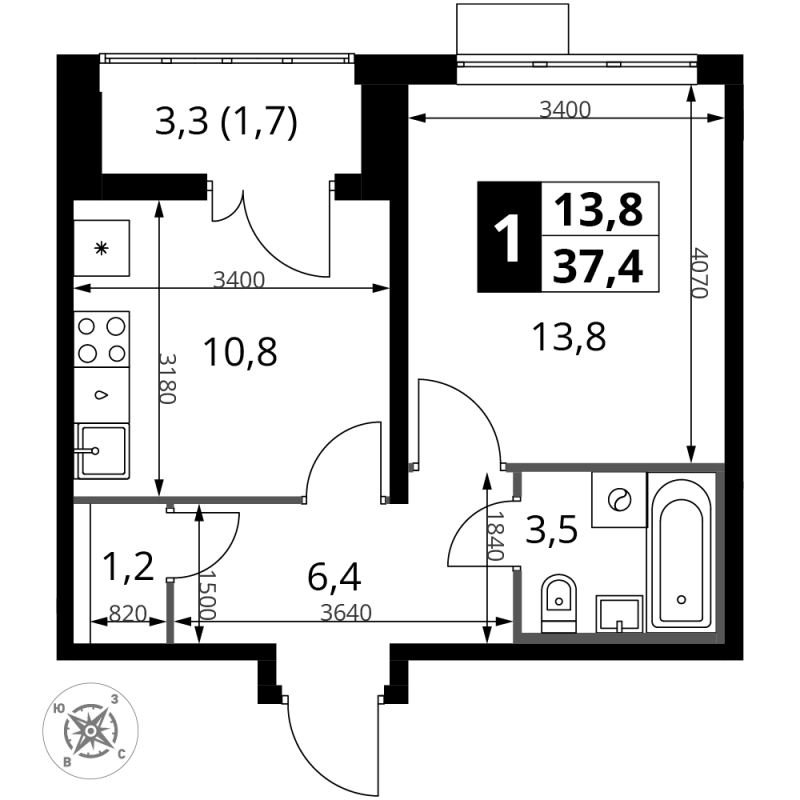 1 ккв 37,7 м²